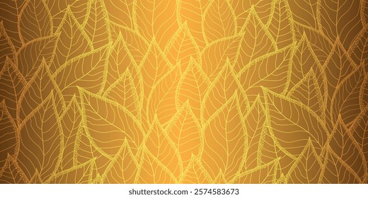 Seamless golden gradient pattern with hand drawn stylized leaves. Floral organic background. For textile, wallpaper and packaging.