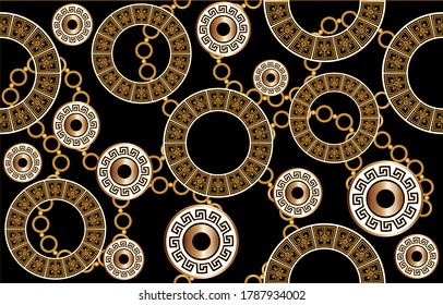 Seamless golden greek motif with chains on black background.EPS10 Illustration.