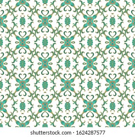 Seamless golden - green  interlaced ornamental texture, on white background