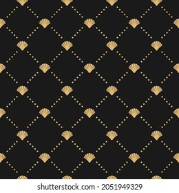 Seamless golden grunge pattern with sea shell on black background. Shellfish ornament. Beauty and luxury spa concept. Seafood clam, oyster wallpaper.