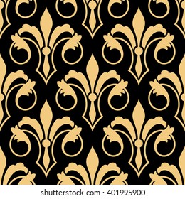 Seamless golden heraldic floral pattern with stylized retro fleur-de-lis ornament on black background. Luxury royal pattern for interior or textile, wallpaper or scrapbook page design 