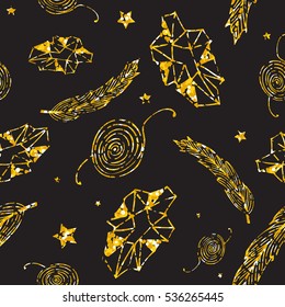Seamless golden hippie pattern with feathers, gems, stars and abstract elements on black background. Hand drawn repetitive pattern. Vector illustration for your graphic design.
