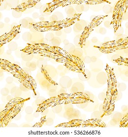 Seamless golden hippie pattern with feathers on warm light background. Vector illustration for your graphic design.