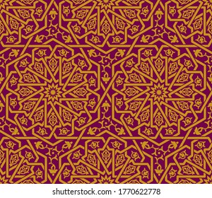 Seamless golden Islamic pattern, ruby red backdrop. Traditional oriental graphic style. Interlacing lines. Floral elements. 