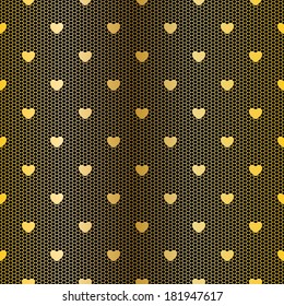 Seamless golden lace pattern with hearts on black background.