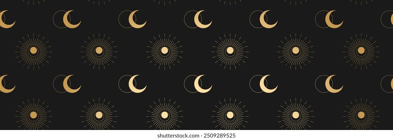 Padrão de vetor mágico dourado sem costura com lua e sol. Ornamento decorativo de ouro. Padrão gráfico para astrologia, esotérico, tarô, místico e mágico. Vetor EPS 10