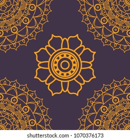 Seamless golden mandala pattern on violet background
