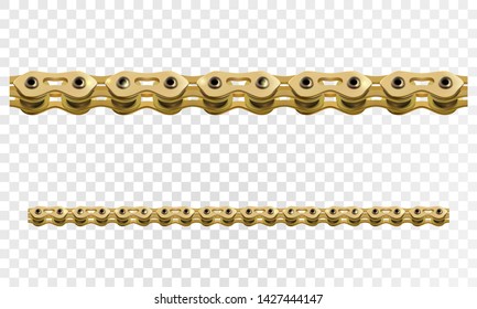 Seamless golden metal bicycle chain, isolated on transparent background, view in 3d perspective. Vector illustration eps10