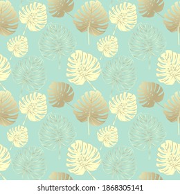 Patrón de hojas de monstera dorada sin foco. Fondo de diseño tropical de color verde, azul y turquesa, impresión de moda, tela, papel pintado, embalaje en vector