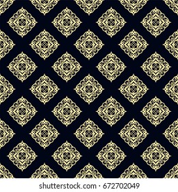 Seamless golden ornamental pattern. Dark and golden textile print. Template for design