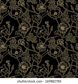 Seamless golden outline pattern with flowers and leaves on black background. Outline wallpaper.