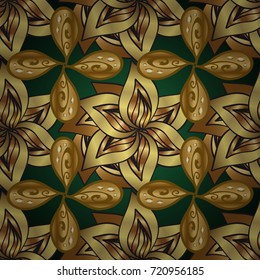 Seamless golden pattern. Background with golden elements. Vector golden floral ornament brocade textile and glass pattern. Gold metal with floral pattern.