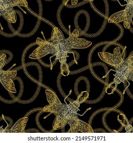 Seamless golden pattern with beetles and chains. Luxury Golden pattern with beetles. Vector illustration