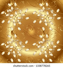 Seamless golden pattern. Beige and brown colors with golden elements. Vector golden floral ornament brocade textile and glass pattern. Gold metal with floral pattern.