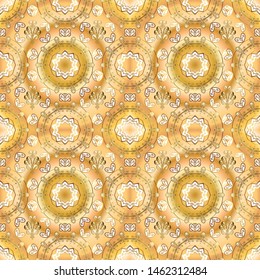 Seamless golden pattern. Beige and yellow colors with golden elements. Vector golden floral ornament brocade textile and glass pattern. Gold metal with floral pattern.