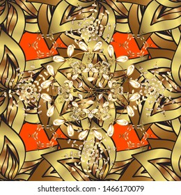 Seamless golden pattern. Brown and yellow colors with golden elements. Vector golden floral ornament brocade textile and glass pattern. Gold metal with floral pattern.