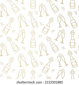 seamless golden pattern of champagne bottle explosion, cheers, New Year Eve, anniversary, wedding - vector illustration