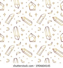 Seamless golden pattern with crystals. Airy gold pattern with semiprecious stones and crescents. Vector stock aesthetic illustration isolated on white background.