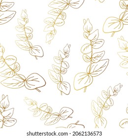 Нand-drawn seamless golden pattern with eucalyptus branch.Vector illustration for wrapping paper covers, wedding invitations and greeting cards 