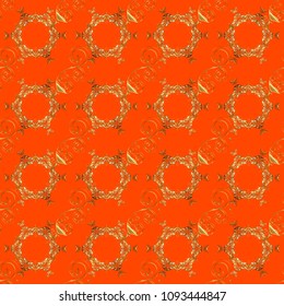Seamless golden pattern. Gold metal with floral pattern. Vector golden floral ornament brocade textile and glass pattern. Orange, brown and yellow colors with golden elements.
