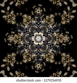 Seamless golden pattern. Gold metal with floral pattern. Vector golden floral ornament brocade textile and glass pattern. Gray and black colors with golden elements.
