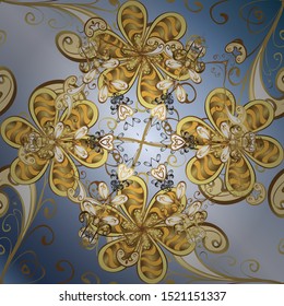 Seamless golden pattern. Gold metal with floral pattern. Vector golden floral ornament brocade textile and glass pattern. Blue and yellow colors with golden elements.