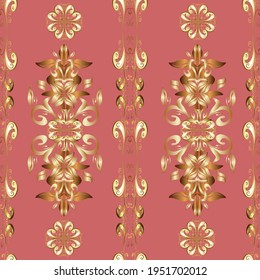 Seamless golden pattern. Gold metal with floral pattern. Vector golden floral ornament brocade textile and glass pattern. Pink, brown and beige colors with golden elements.