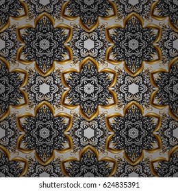 Seamless golden pattern. Gray background with golden elements. Vector golden floral ornament brocade textile pattern, gray doodles. Metal with floral pattern.