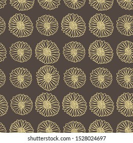 Seamless golden pattern of hand-drawn flowers marigold silhouettes on a brown background. For fabrics and wallpapers, packaging. Vector graphics