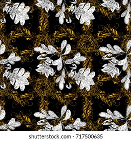 Seamless golden pattern. Metal with floral pattern. Black, white and brown colors with golden elements. Vector golden floral ornament brocade textile pattern, white doodles.