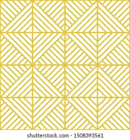 Seamless golden pattern. Mosaic geometric background with squares, rhombuses, diagonal lines. Vector gold stripes illustration for wallpaper, wrapping paper, prints, textiles. Ornament tile image