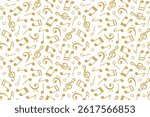 seamless golden pattern with music notes, bass and treble clef; ideal for music-themed designs- vector illustration