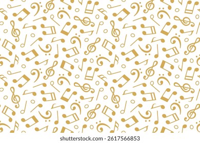 seamless golden pattern with music notes, bass and treble clef; ideal for music-themed designs- vector illustration