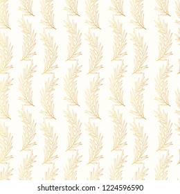 Seamless golden pattern with olive branch. Hand drawn gold wallpaper background. Vector isolated illustration.