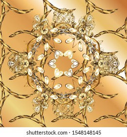 Seamless golden pattern. Golden pattern on beige and orange colors with golden elements. Vector oriental ornament.