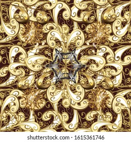 Seamless golden pattern. Seamless pattern on beige, yellow and brown colors with golden elements. Vector oriental ornament.