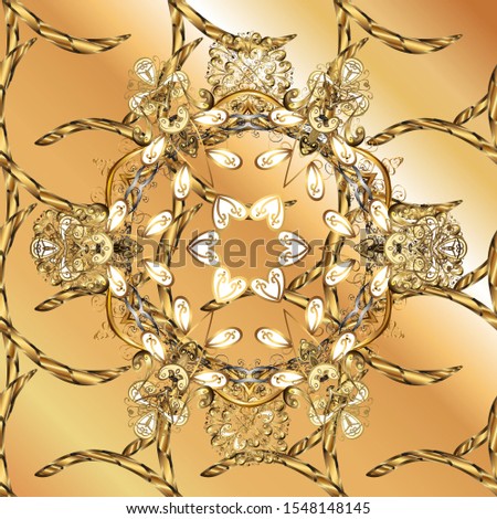 Seamless golden pattern. Golden pattern on beige and orange colors with golden elements. Vector oriental ornament.