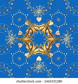 Seamless golden pattern. Seamless pattern on blue and brown colors with golden elements. Vector oriental ornament.