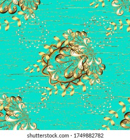 Seamless golden pattern. Seamless pattern on blue and beige colors with golden elements. Vector oriental ornament.