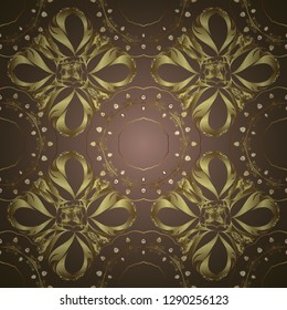 Seamless golden pattern. Golden pattern on brown and neutral colors with golden elements. Vector oriental ornament.