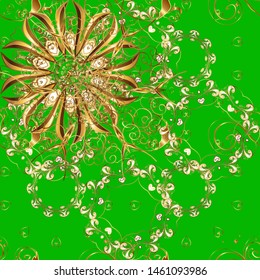 Seamless golden pattern. Seamless pattern on brown and green colors with golden elements. Vector oriental ornament.