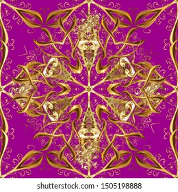 Seamless golden pattern. Golden pattern on brown and purple colors with golden elements. Vector oriental ornament.
