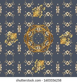 Seamless golden pattern. Golden pattern on brown and blue colors with golden elements. Vector oriental ornament.