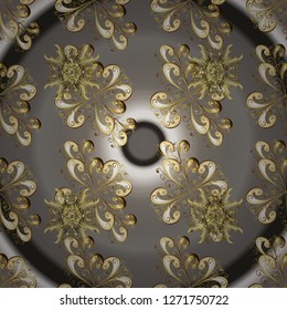 Seamless golden pattern. Golden pattern on gray and beige colors with golden elements. Vector oriental ornament.