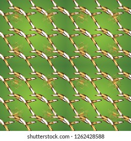 Seamless golden pattern. Golden pattern on green and brown colors with golden elements. Vector oriental ornament.