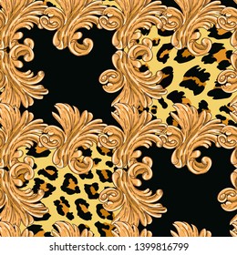 Seamless golden pattern on leopard skin background.