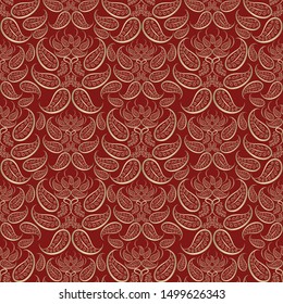 Seamless golden pattern on a red background. Indian classic paisley pattern.