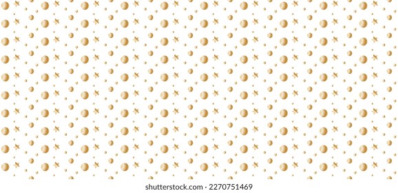 Seamless golden pattern on white background. Simple gold texture dots, circles and stars. Endless festive packaging design, wallpaper, paper packaging, paper. Vector graphic illustration  