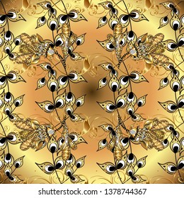 Seamless golden pattern. Seamless pattern on yellow and beige colors with golden elements. Vector oriental ornament.