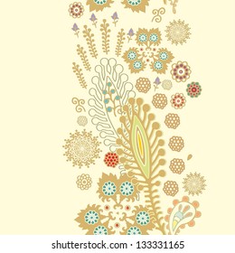 Seamless golden pattern with Peafowl, Pavo, Pavonine tail feathers  and flowers on yellow background